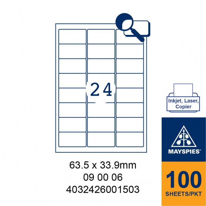 MAYSPIES 09 00 06 LABEL FOR INKJET / LASER / COPIER 100 SHEETS/PKT WHITE  63.5X33.9MM